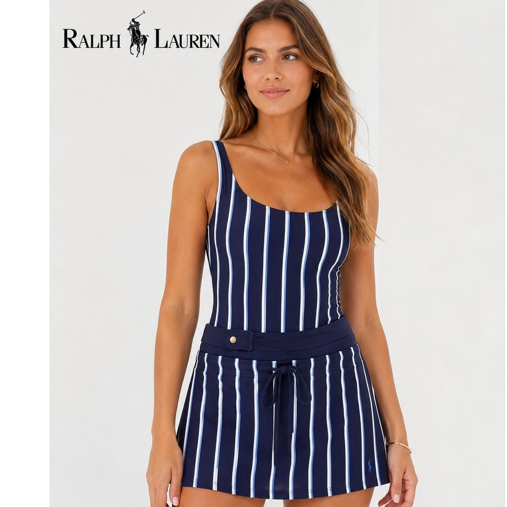 Ralph Lauren Sport Navy Striped One-Piece Swimsuit & Swim Skirt Cover-Up Set